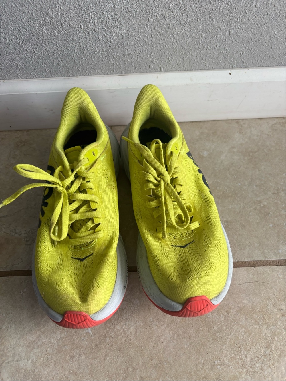 Hoka One One Women's Neon Yellow Athletic Running Shoes with Coral Accents